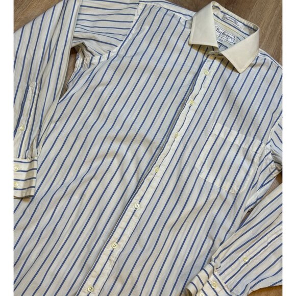 Vintage Burberrys Mens Striped Button Up Shirt 15-33 Blue White Long Sleeve Cott - Picture 2 of 9